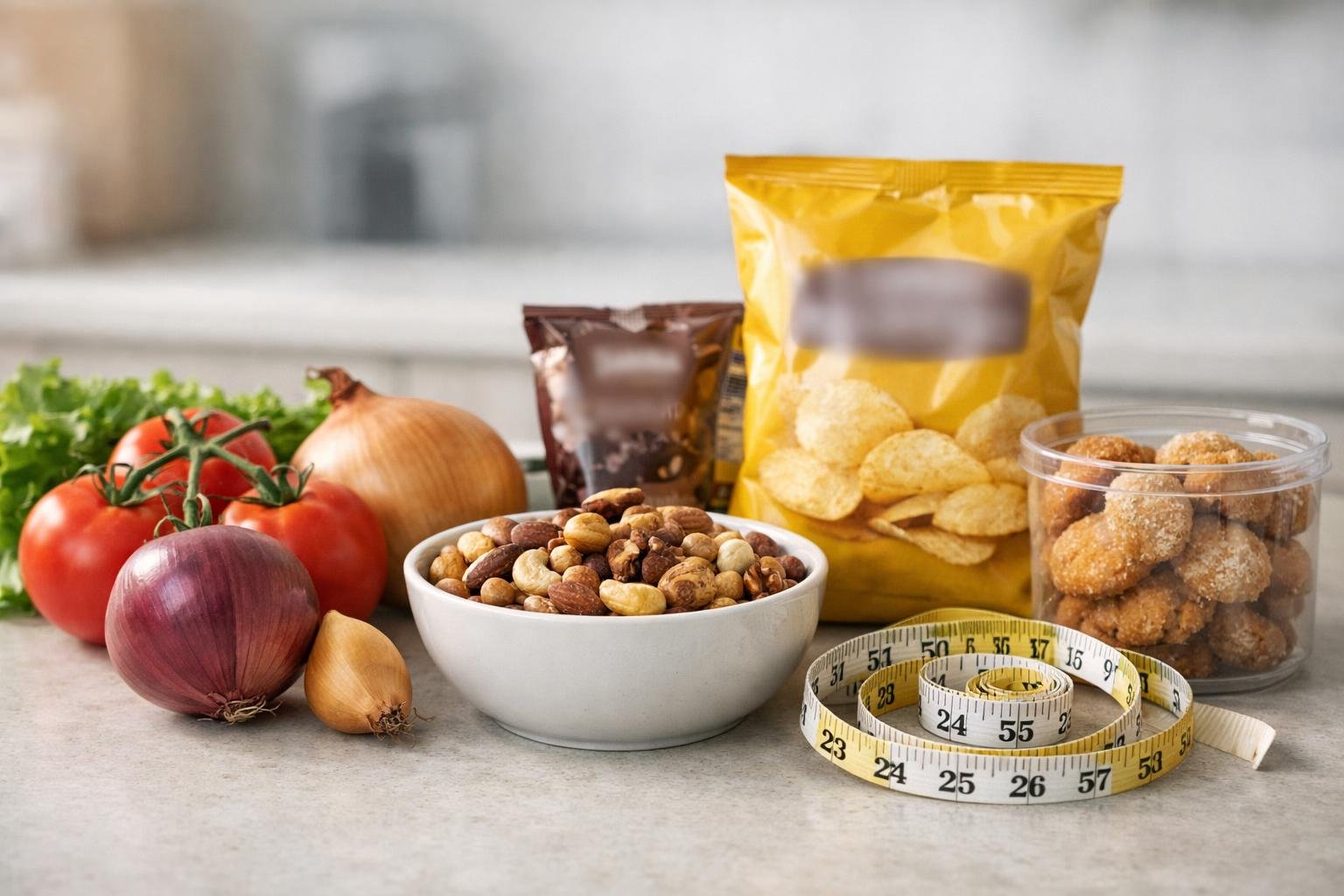 A kitchen counter displaying fresh vegetables, packaged snacks, a bowl of nuts, and a measuring tape, illustrating hidden carbohydrates in food.