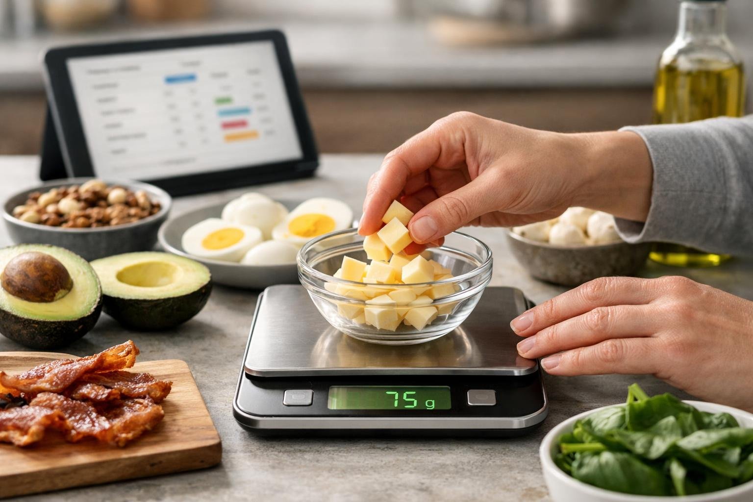 A person measuring food portions on a digital kitchen scale surrounded by keto-friendly foods in a clean kitchen.