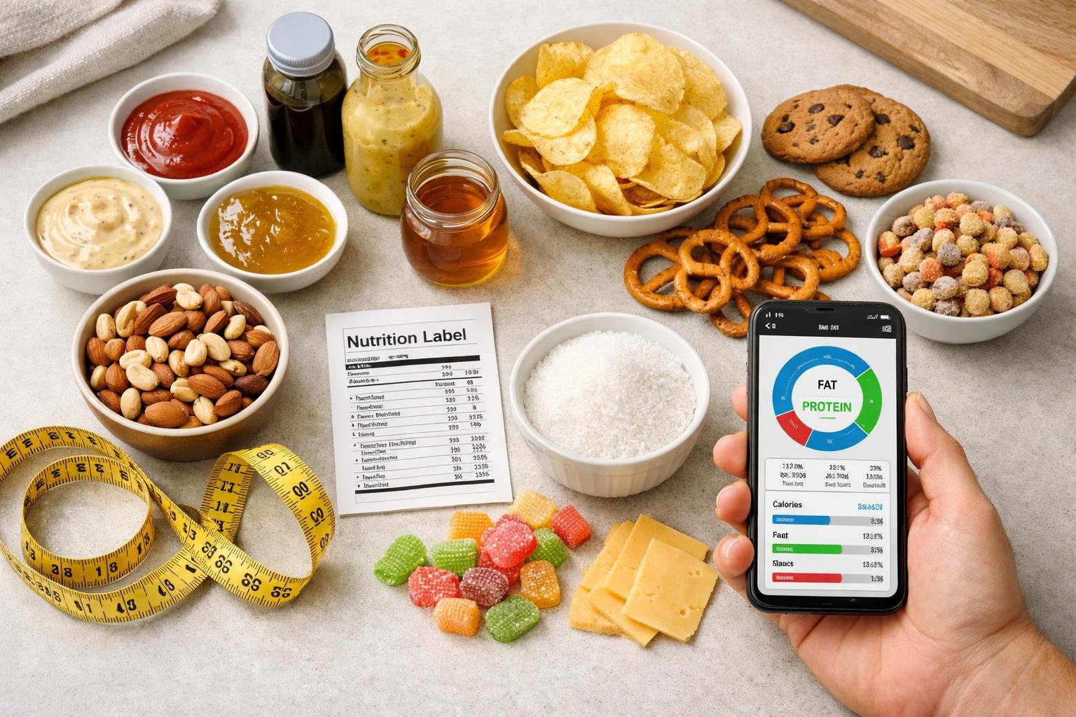 A kitchen countertop with various foods and a hand holding a smartphone showing a keto tracking app, illustrating hidden carbohydrates in a ketogenic diet.