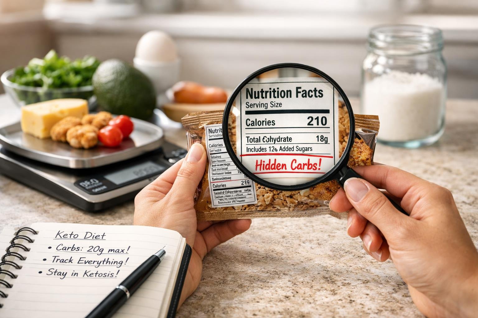 A kitchen countertop with a person examining a food package nutrition label using a magnifying glass, surrounded by diet notes and food items.