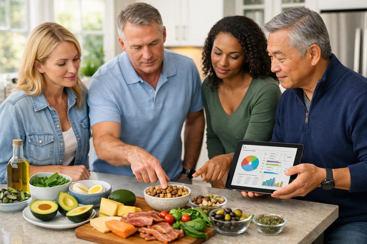 A group of adults discussing healthy keto foods around a kitchen island with fresh ingredients and a tablet showing nutrition information.