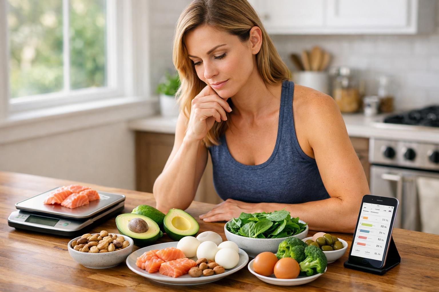 A woman in a bright kitchen carefully examining low-carb foods on a countertop with a food scale and smartphone nearby.