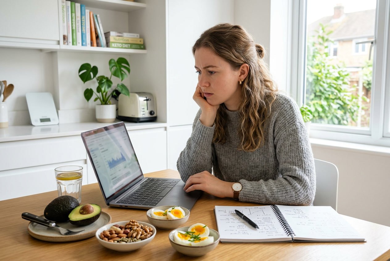 A young woman sitting at a kitchen table looking thoughtfully at her laptop with keto-friendly foods and a notebook nearby.