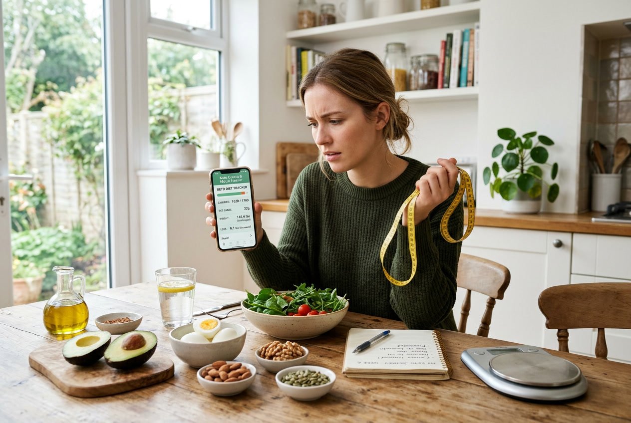 A young woman sitting at a kitchen table with keto foods, looking confused while holding a measuring tape and a phone showing a calorie app.