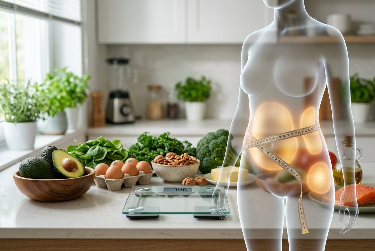 A kitchen countertop with a digital scale, keto-friendly foods, and a transparent human silhouette highlighting body fat areas with a tape measure around the waist.