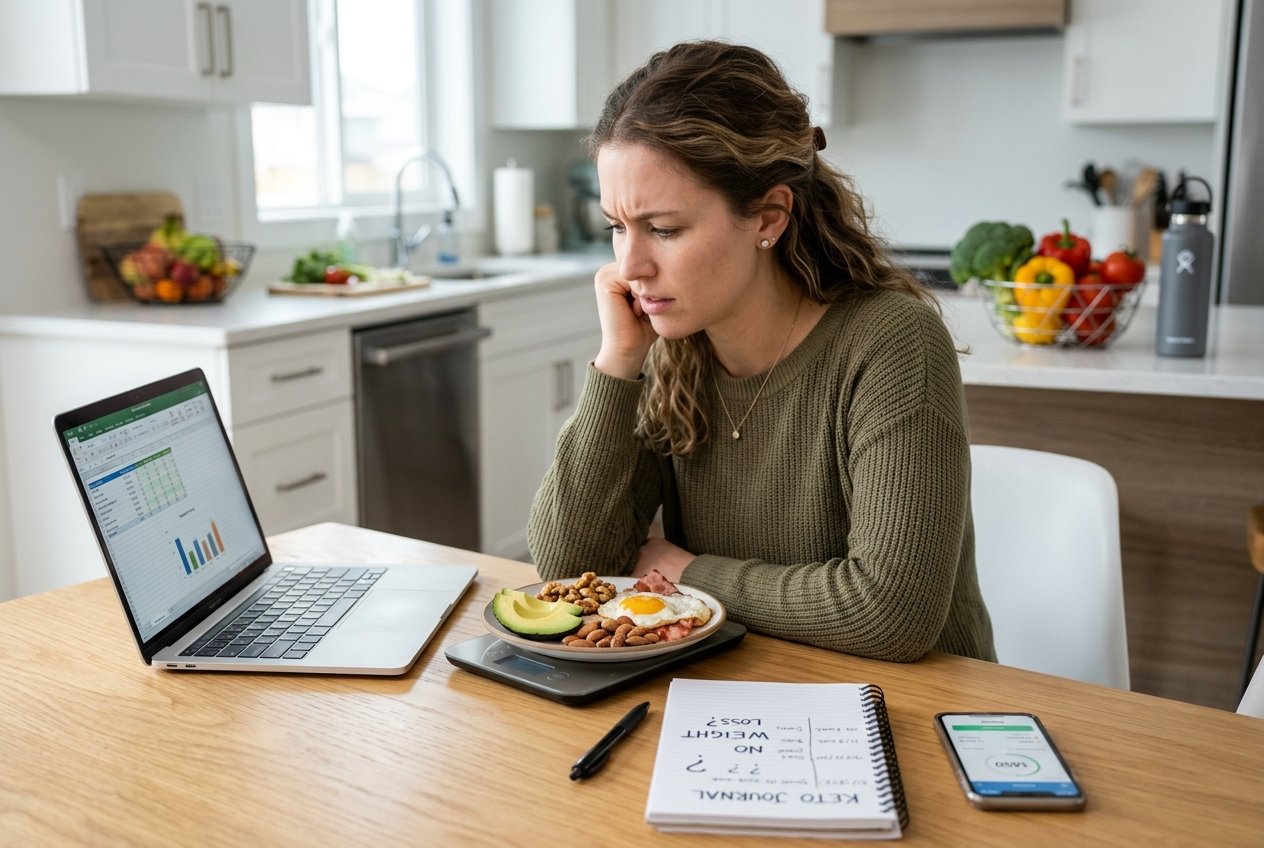 A young woman sitting at a kitchen table looking thoughtfully at a digital scale and a plate of keto foods.