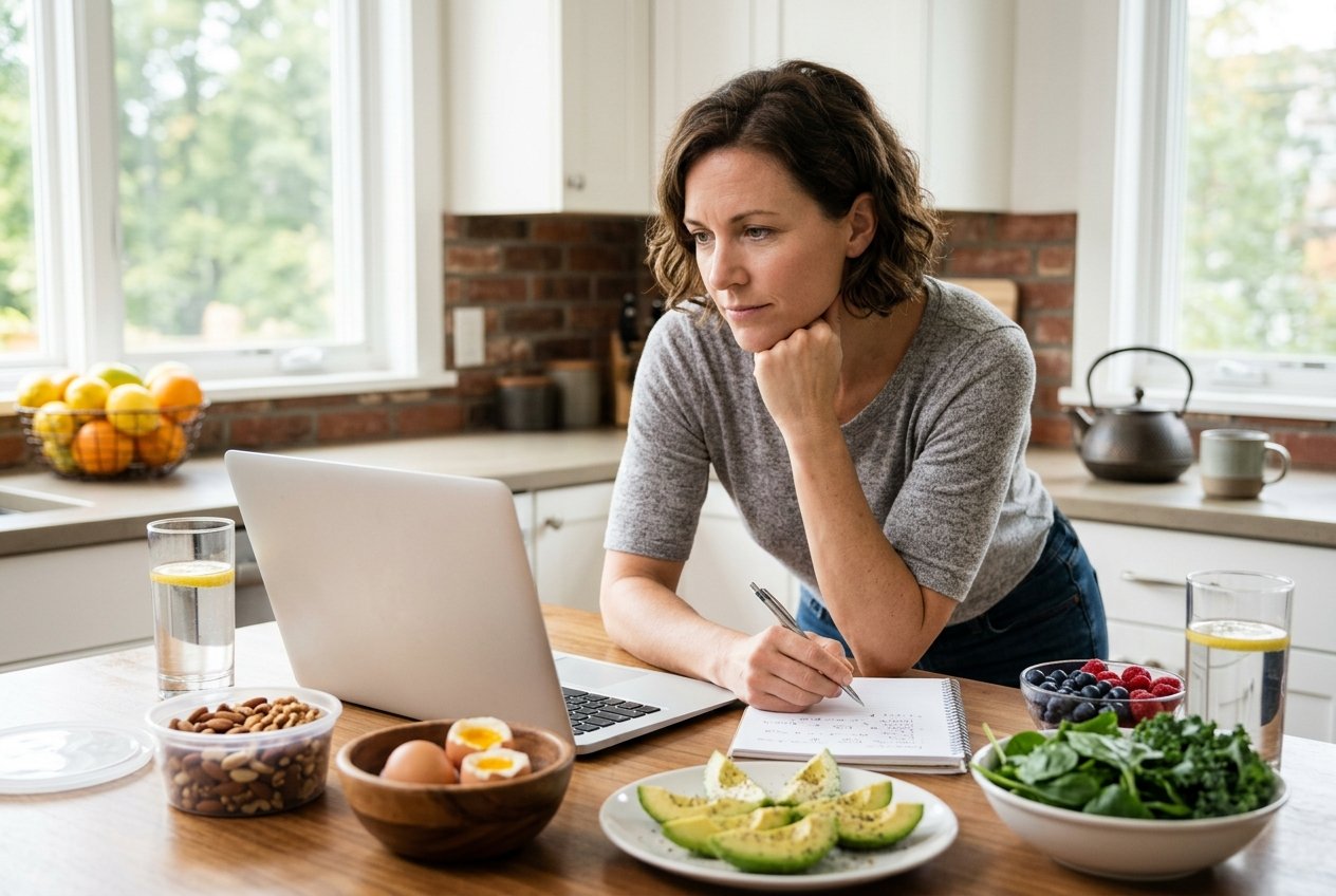 A woman sitting at a kitchen table with keto foods and a laptop, looking thoughtful and focused.