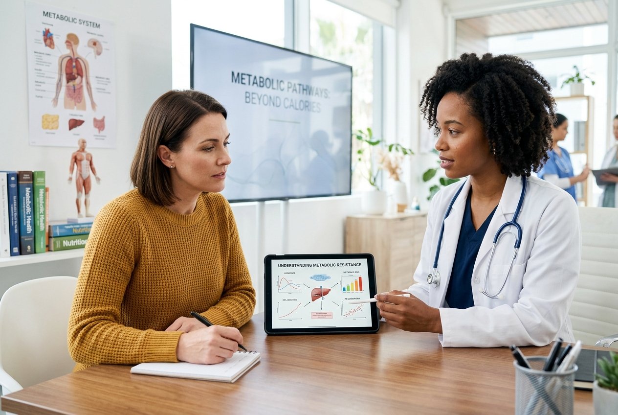 A healthcare professional discusses metabolic resistance with a patient in a bright medical office.