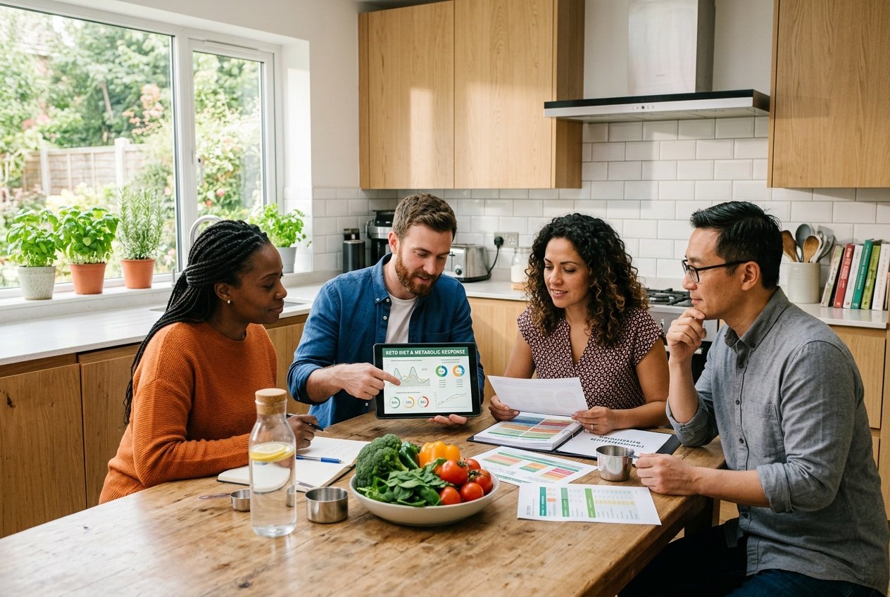 A group of adults discussing healthy meal plans and nutritional information around a kitchen table with fresh vegetables and measuring tools.