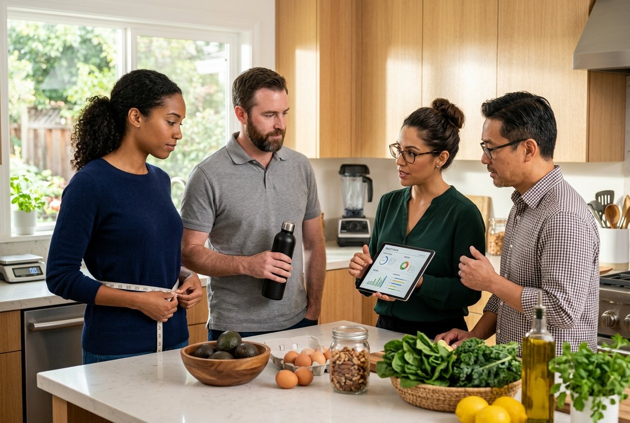 A group of adults in a kitchen discussing nutrition, with a woman measuring her waist and healthy foods on the counter.