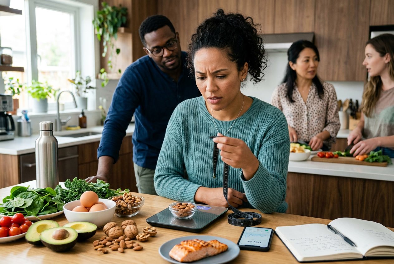 A woman in a kitchen looks thoughtfully at a digital scale and measuring tape, surrounded by keto-friendly foods and fitness items.