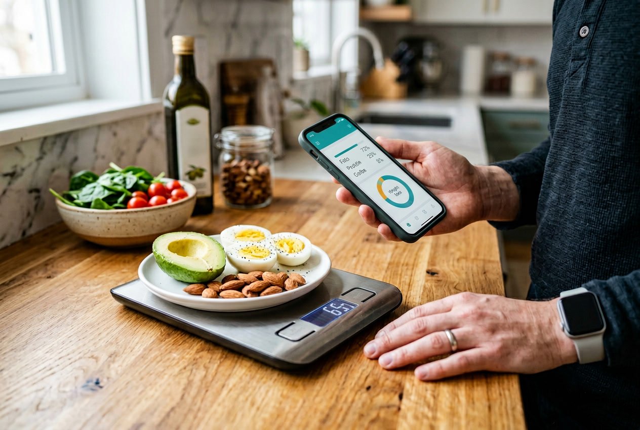 Hands holding a smartphone showing a nutrition app next to keto-friendly foods like avocado, boiled eggs, and almonds on a kitchen countertop.