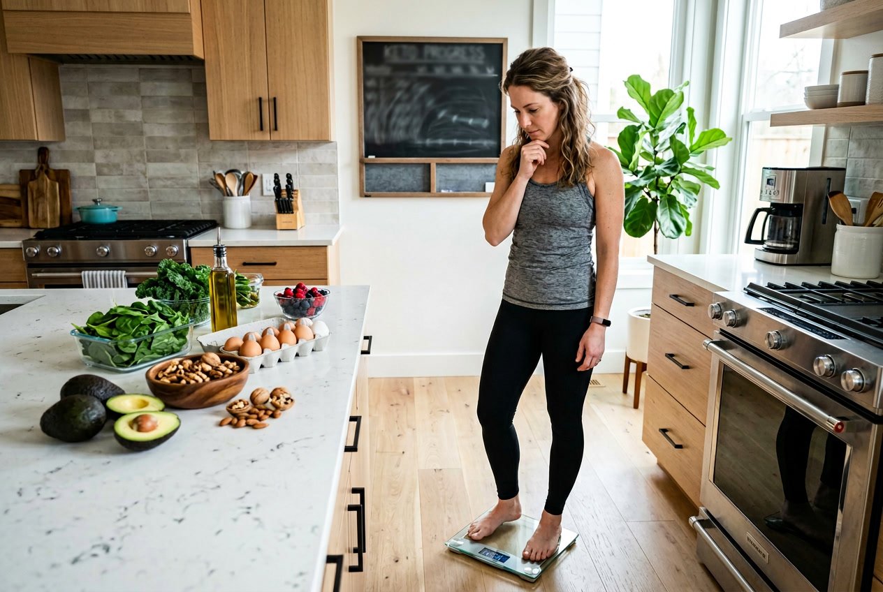 A woman in a kitchen looking thoughtfully at a digital scale with keto-friendly foods on the counter.