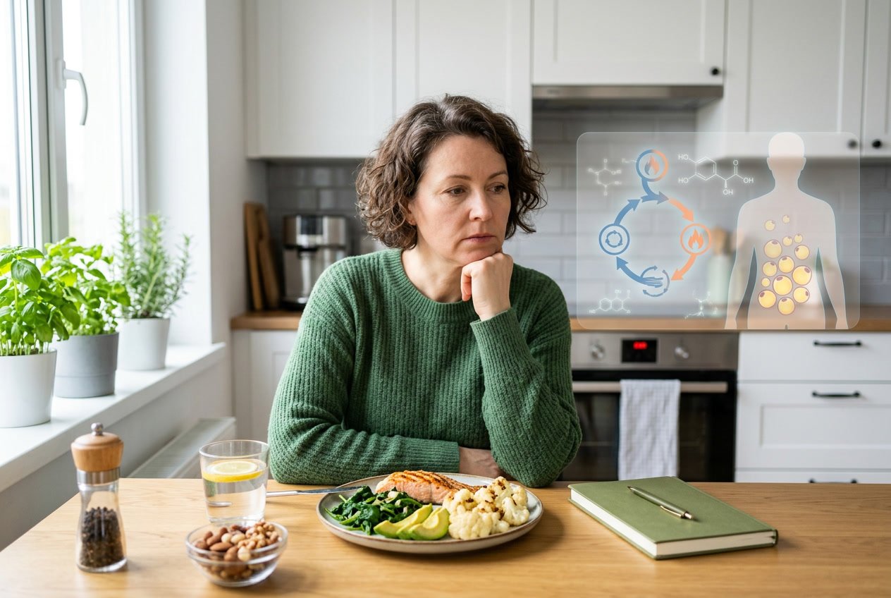 A middle-aged person sitting at a kitchen table with a keto meal, looking thoughtful and concerned.