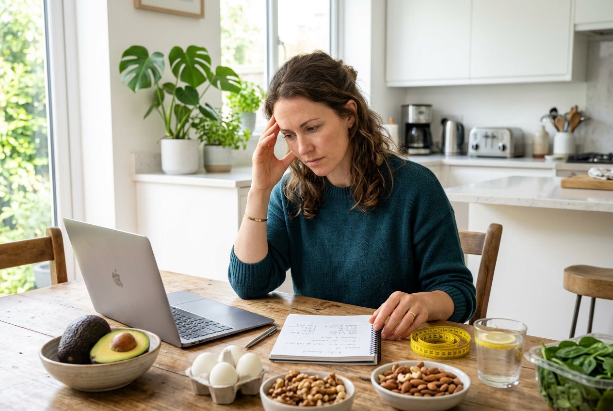 A woman sitting at a kitchen table with keto foods, looking thoughtful and slightly frustrated.