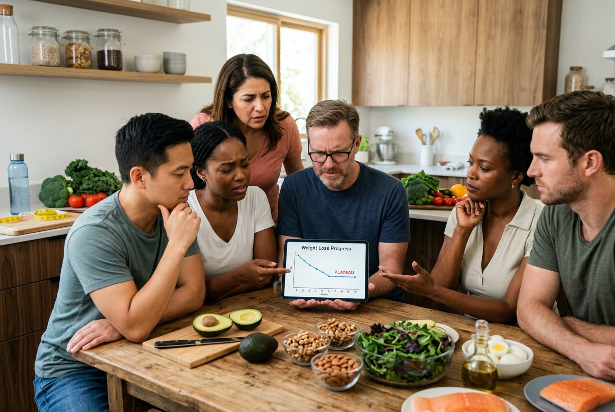 A group of adults in a kitchen discussing weight loss progress with healthy foods and a tablet showing a flat graph.