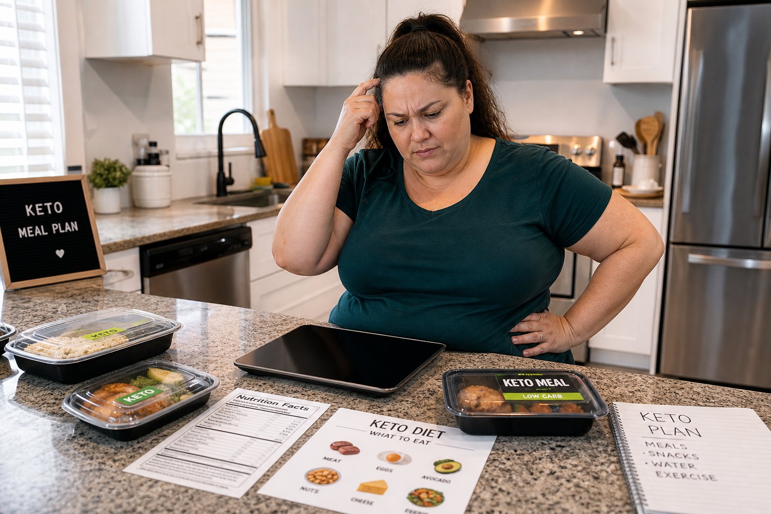 A lady sit at kitchen counter and wondering why am I doing keto correctly but not losing weight
