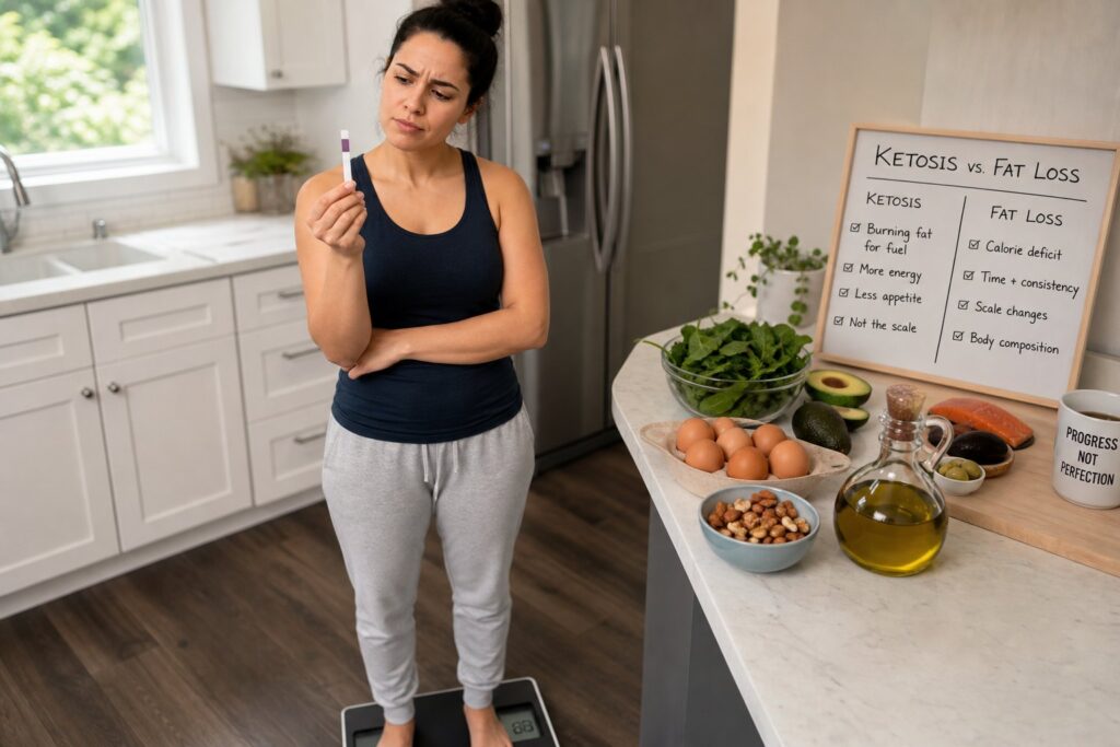Person looking at a positive ketone test result while standing on a scale that shows little or no weight change, healthy keto foods visible nearby, realistic home environment