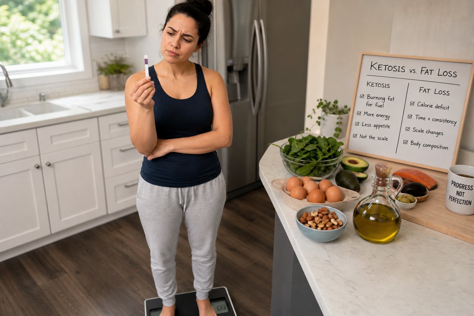 Person looking at a positive ketone test result while standing on a scale that shows little or no weight change, healthy keto foods visible nearby, realistic home environment