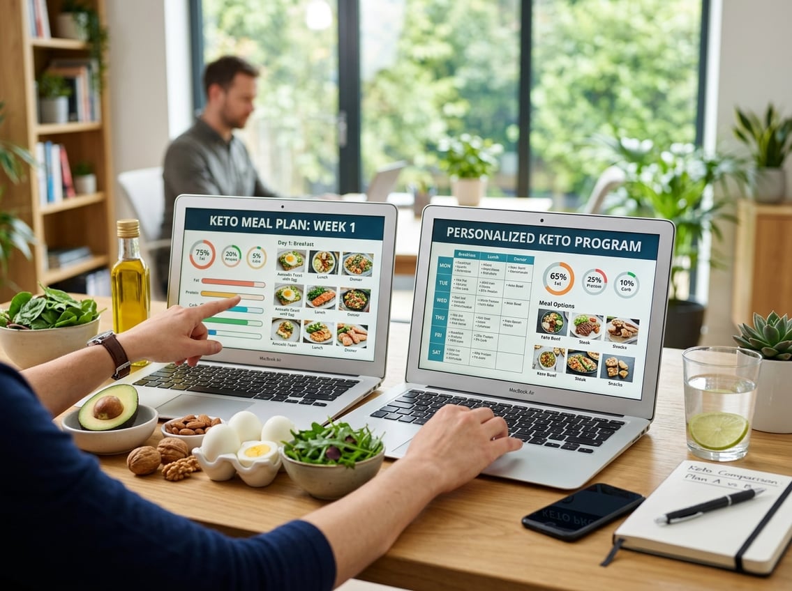 A person working at a desk with two laptops displaying keto diet plans, surrounded by keto-friendly foods like avocados and eggs.