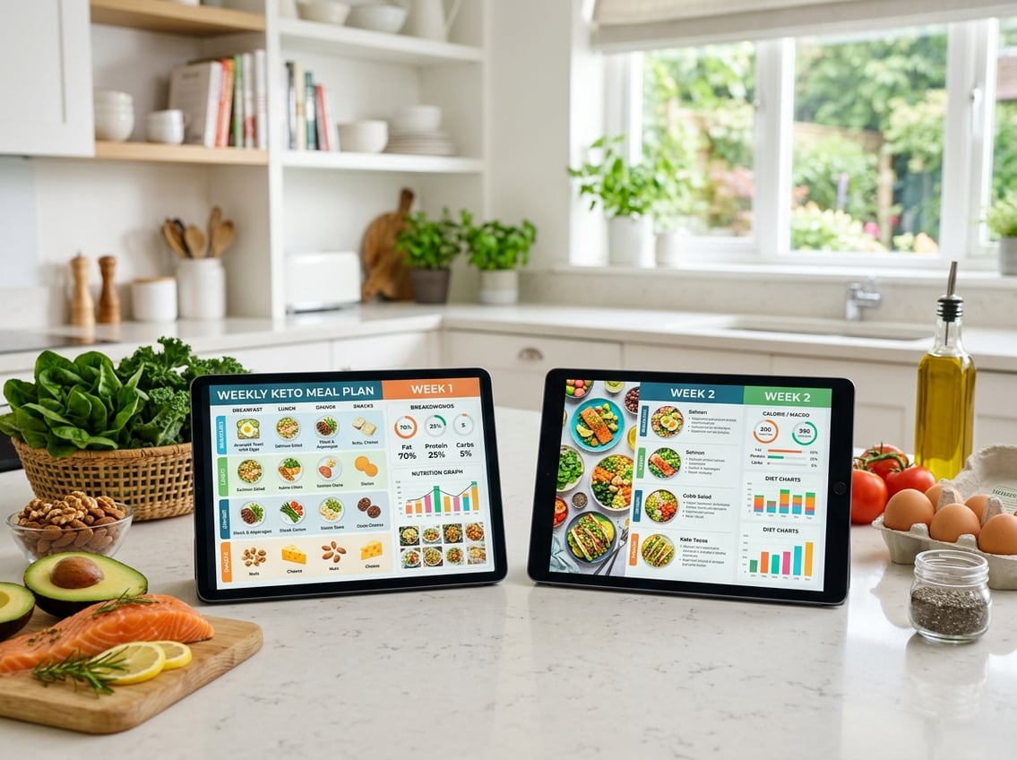 Two tablets on a kitchen counter showing colorful keto meal plans surrounded by fresh keto-friendly foods like avocados, eggs, and salmon.