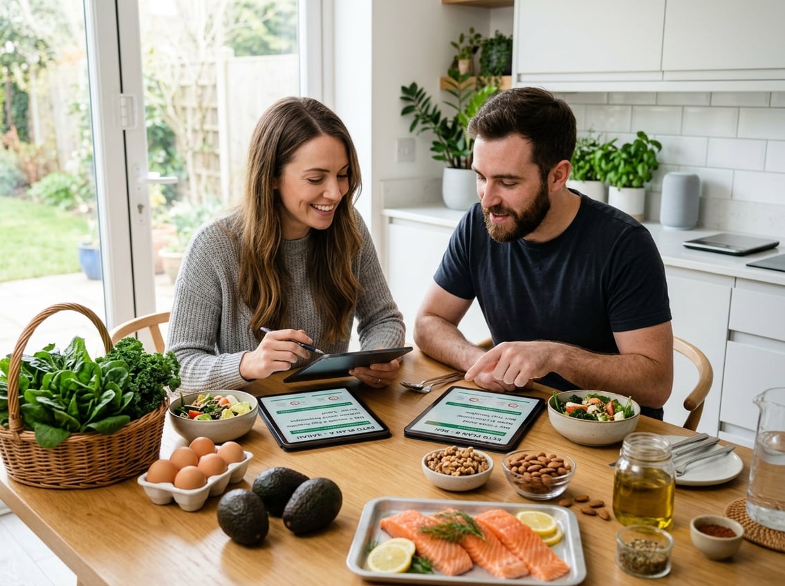 A young couple in a kitchen reviewing two keto meal plans on tablets surrounded by fresh keto ingredients.
