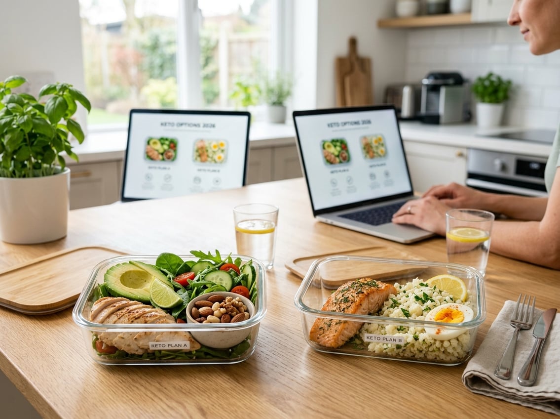 A kitchen table with two different keto meal prep containers and a laptop in the background showing a diet comparison webpage.