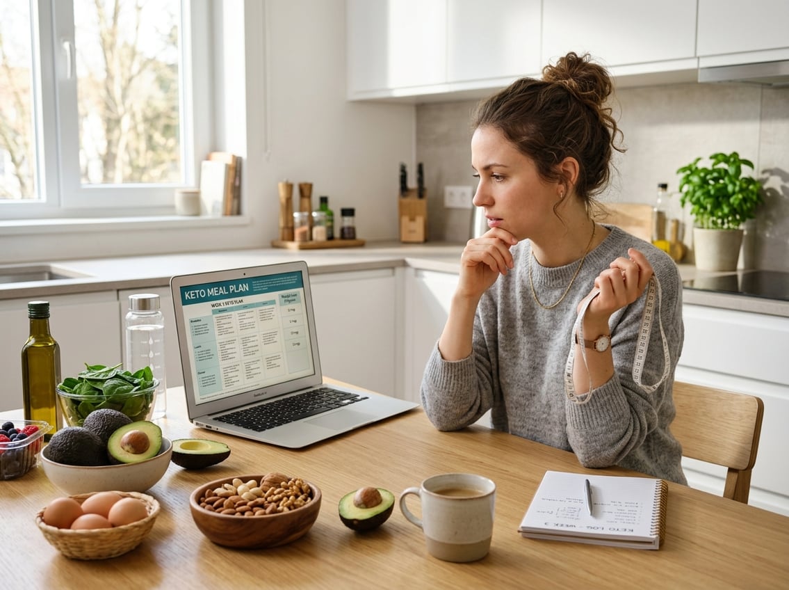 A young woman sitting at a kitchen table with keto foods and a laptop, looking thoughtfully while holding a measuring tape.