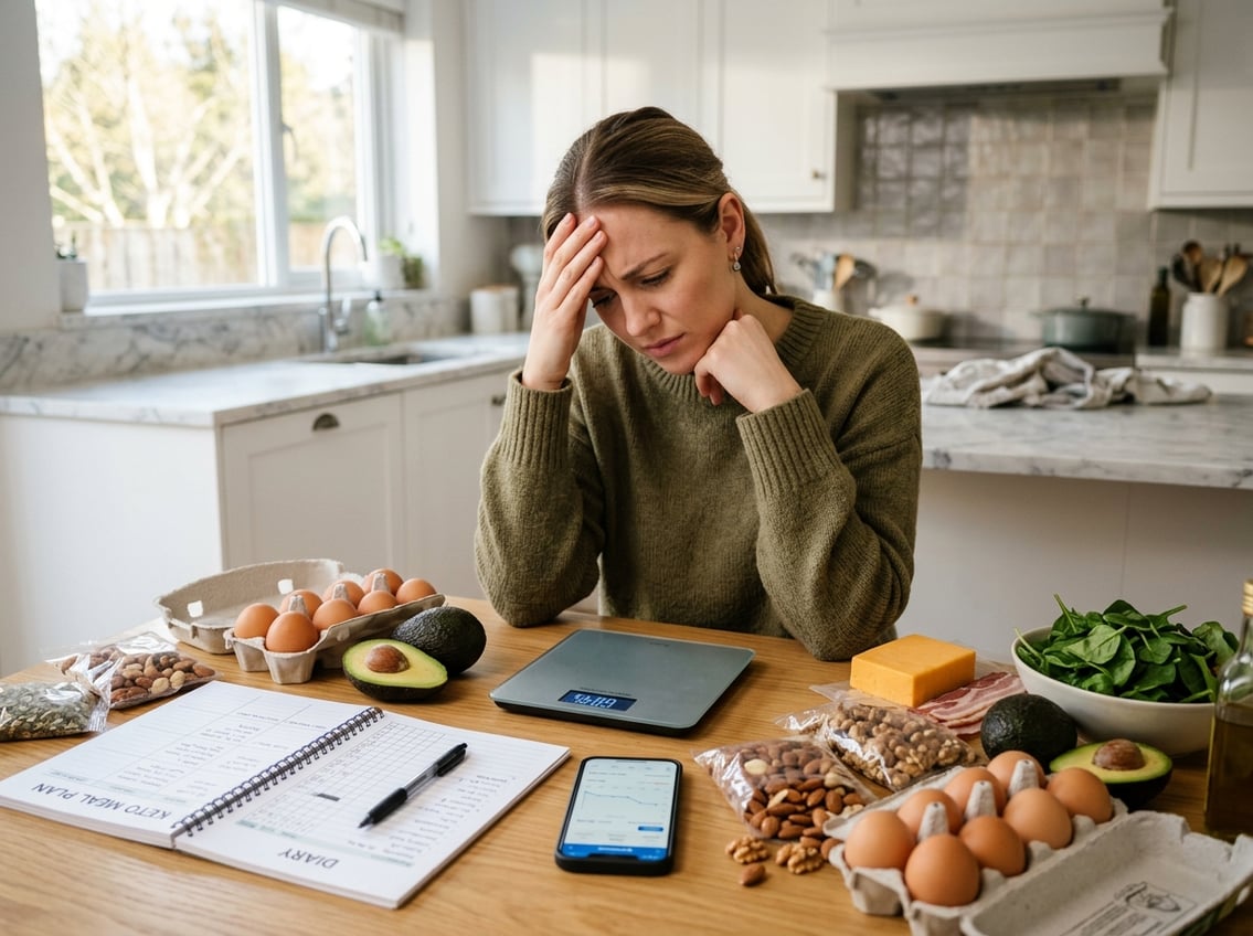 A frustrated woman sitting at a kitchen table with keto foods and a digital scale, wondering why am I doing keto correctly but not losing weight.
