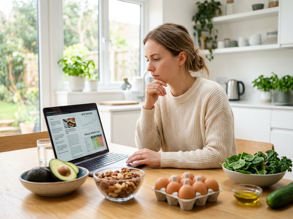 A young woman sitting at a kitchen table with healthy foods and a laptop, looking thoughtful and contemplative.