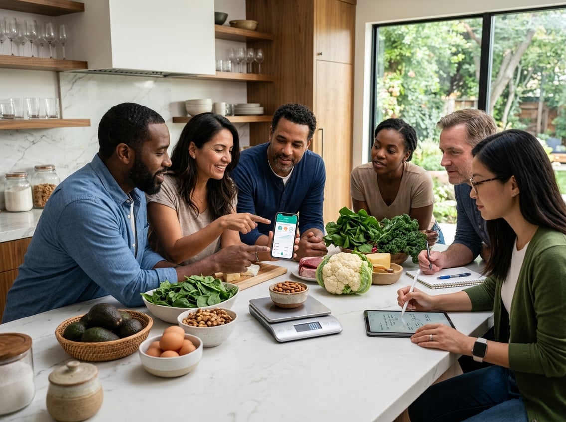A group of adults discussing keto diet foods and using a food scale and smartphone app in a bright kitchen.