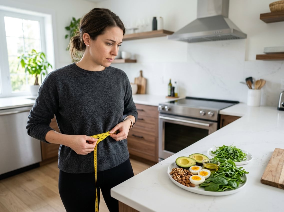 A young woman in a kitchen measuring her waist while looking at a keto meal on the counter.