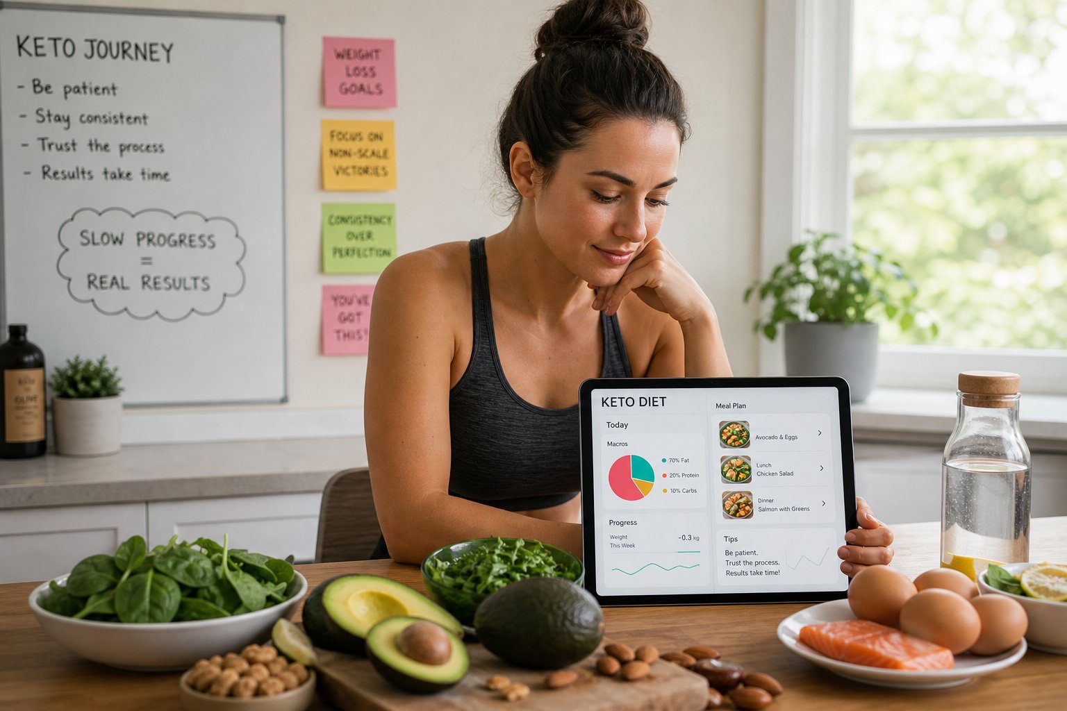 A young woman sitting at a kitchen table looking at a tablet with keto diet information, surrounded by keto-friendly foods.
