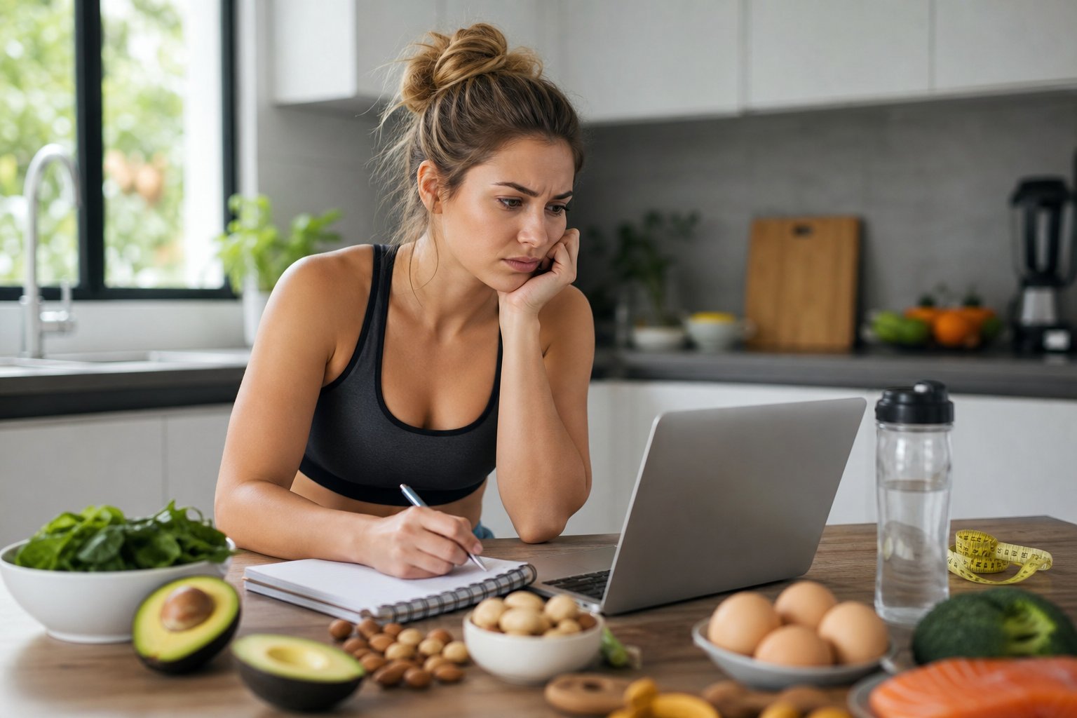 A young woman sitting at a kitchen table with healthy foods and a laptop, looking thoughtful and slightly frustrated, wondering Why Is Keto Weight Loss So Slow at First?.