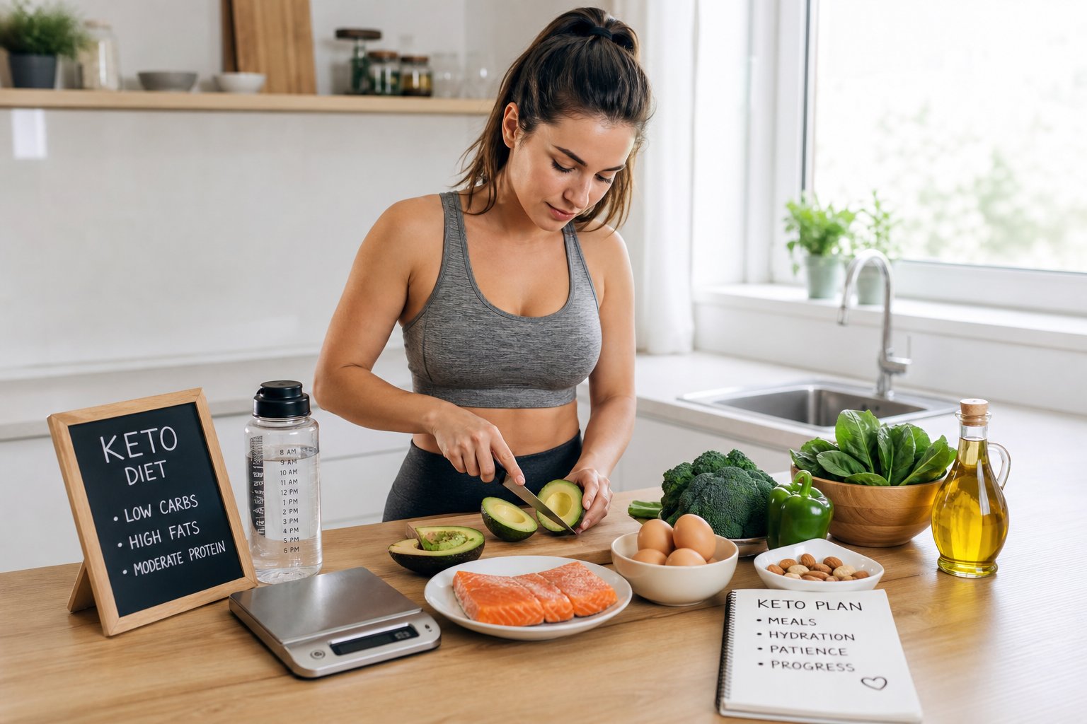 A young woman preparing a ketogenic meal in a bright kitchen with fresh low-carb ingredients on the counter.