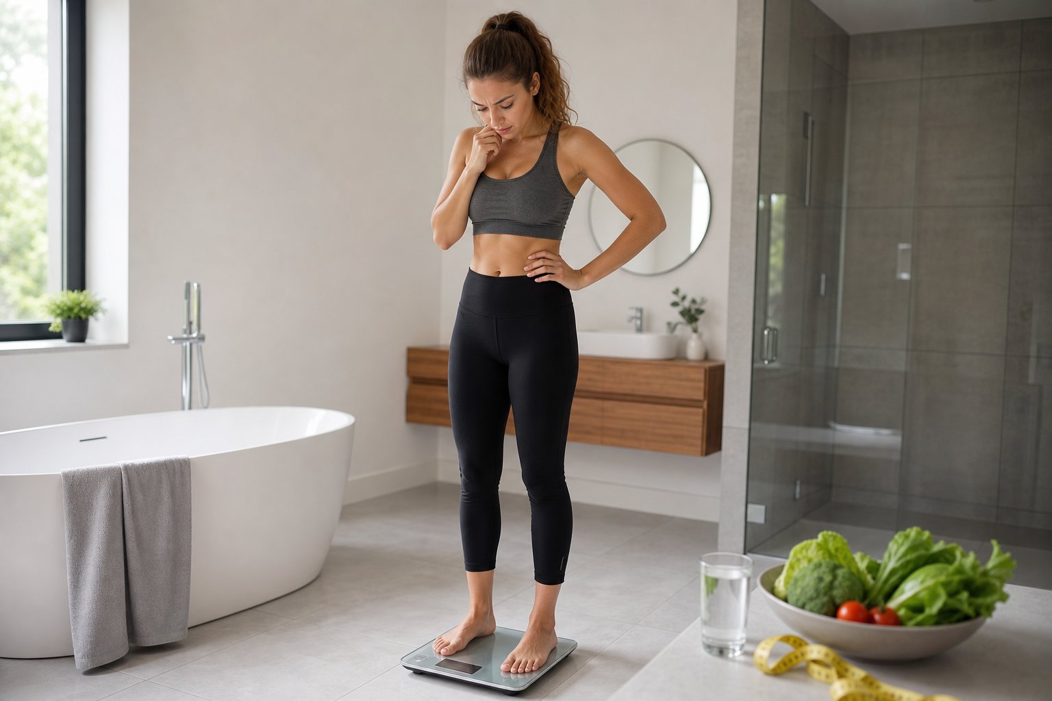A young woman in workout clothes stands on a bathroom scale looking thoughtfully at the display, with a glass of water, vegetables, and a measuring tape nearby.