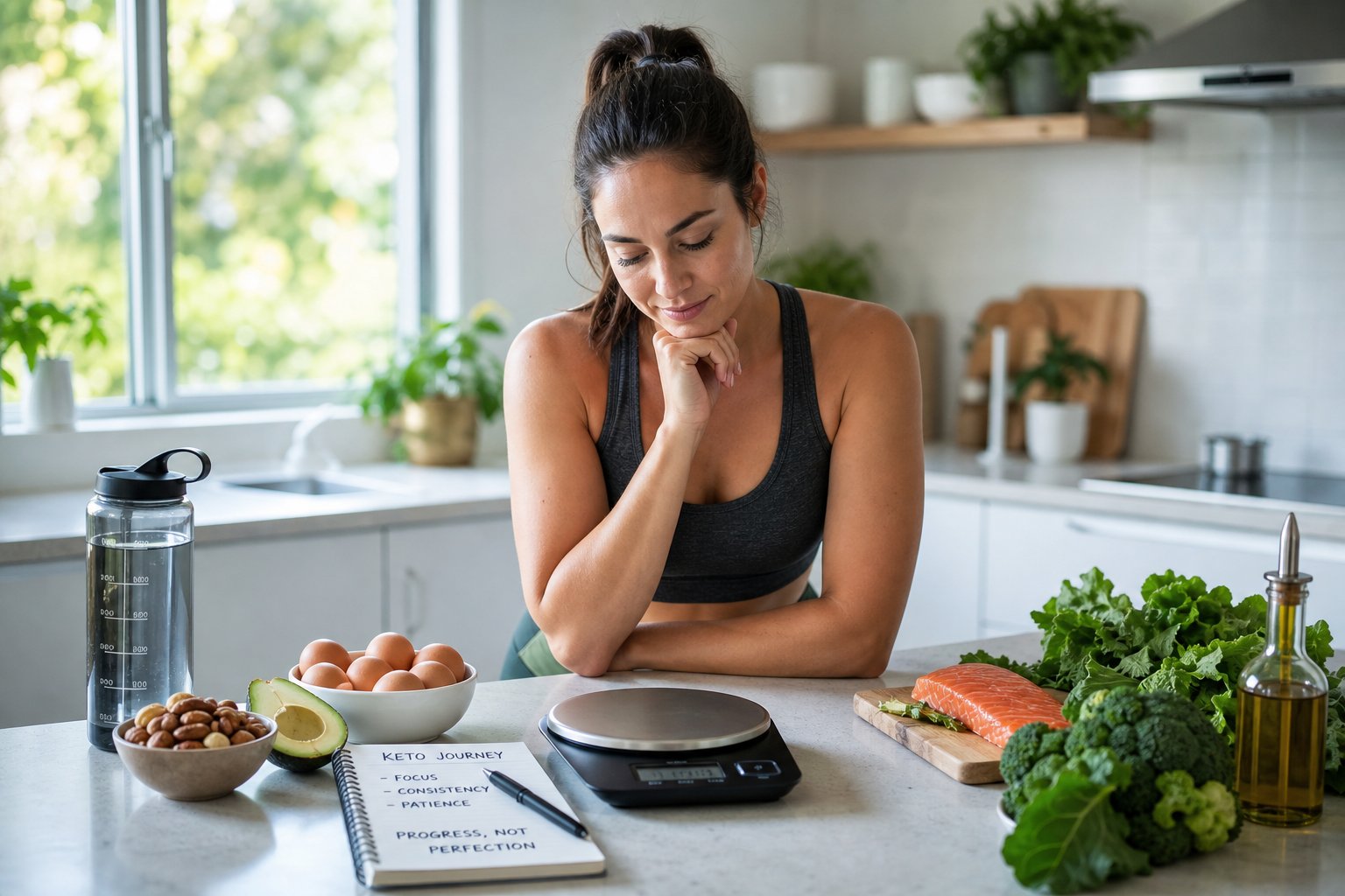 A young adult looking thoughtfully at a scale in a kitchen with fresh keto foods around them.