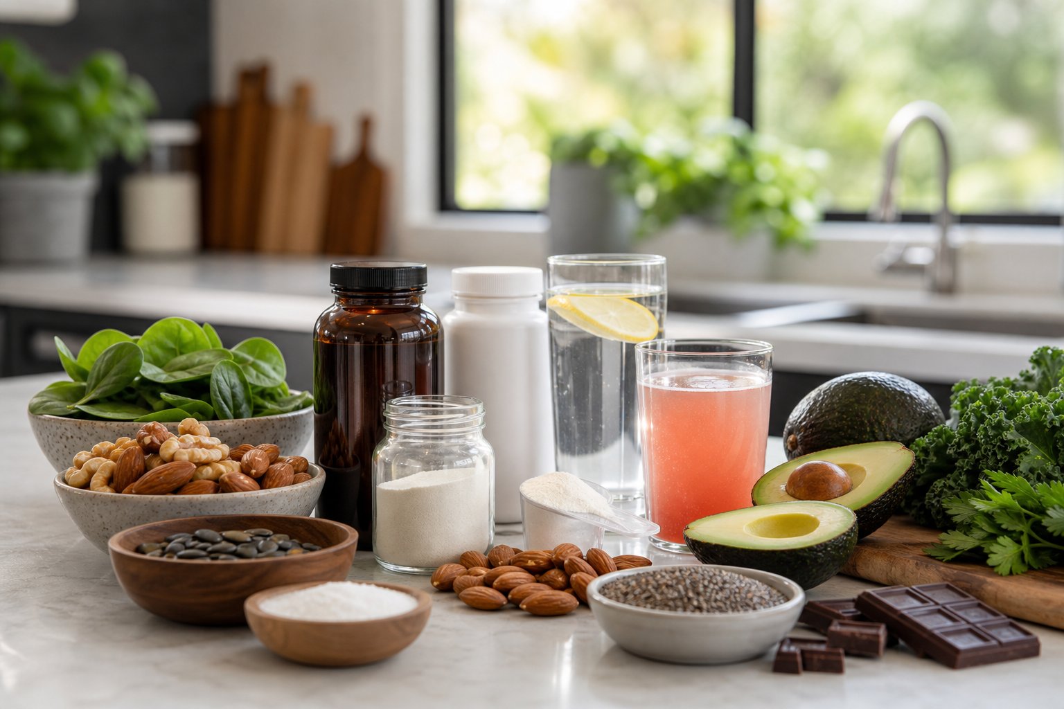 A kitchen countertop displaying magnesium supplements, electrolyte powders, avocados, leafy greens, nuts, and glasses of mineral water.