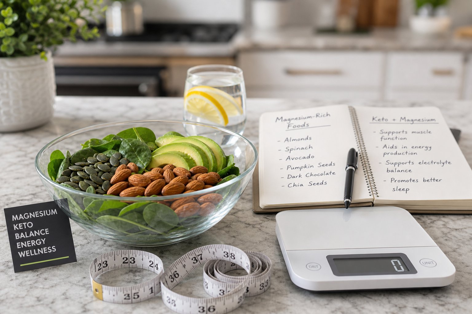 A kitchen countertop with a bowl of magnesium-rich foods like almonds, spinach, avocado, and pumpkin seeds, alongside a measuring tape, digital scale, notebook with notes, and a glass of lemon water.