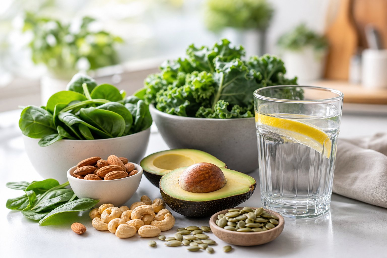 Close-up of fresh leafy greens, nuts, seeds, avocado, and a glass of water with lemon on a white surface.