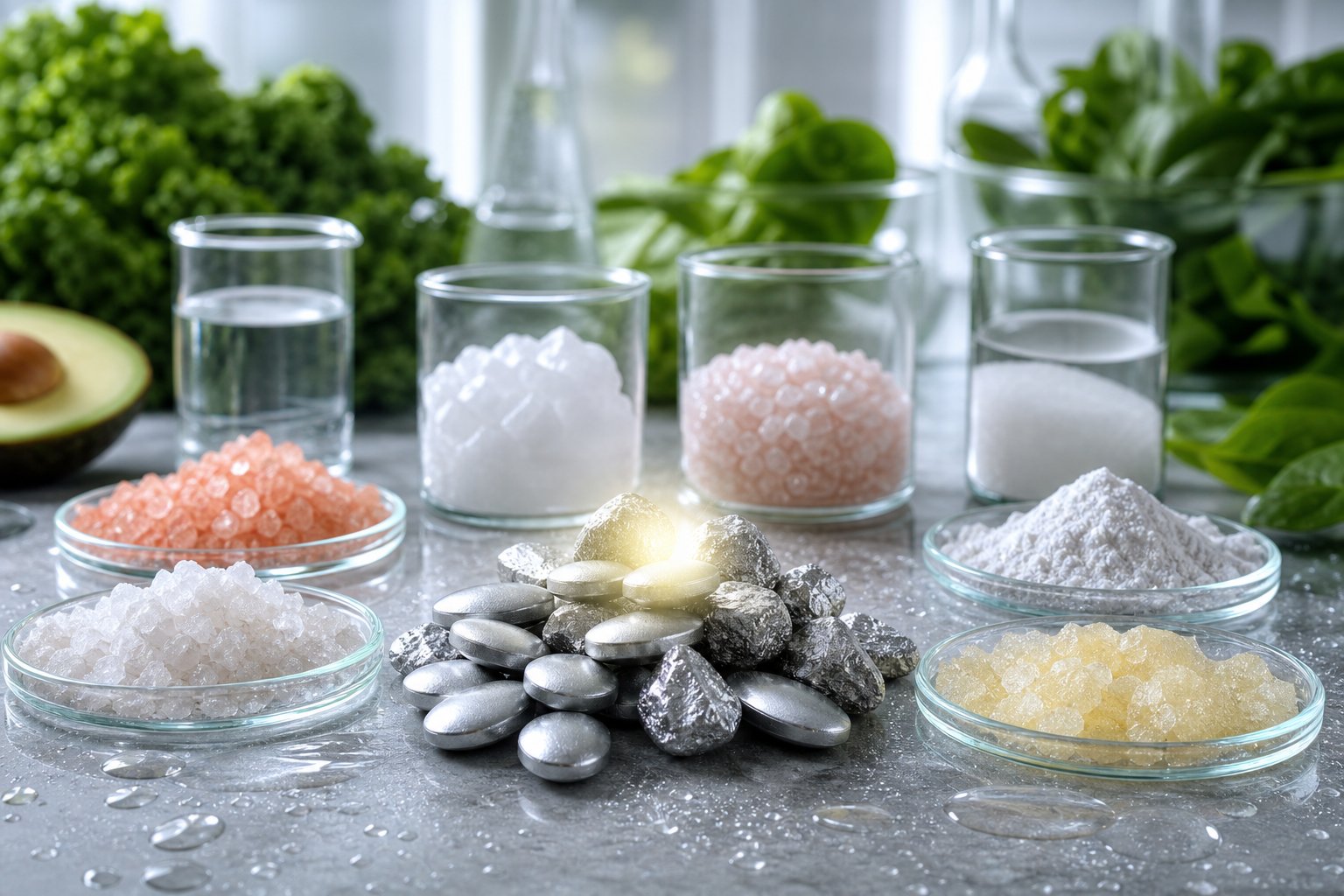 Close-up of magnesium tablets and various natural mineral salts on a clean surface with green leafy vegetables and water droplets in the background.
