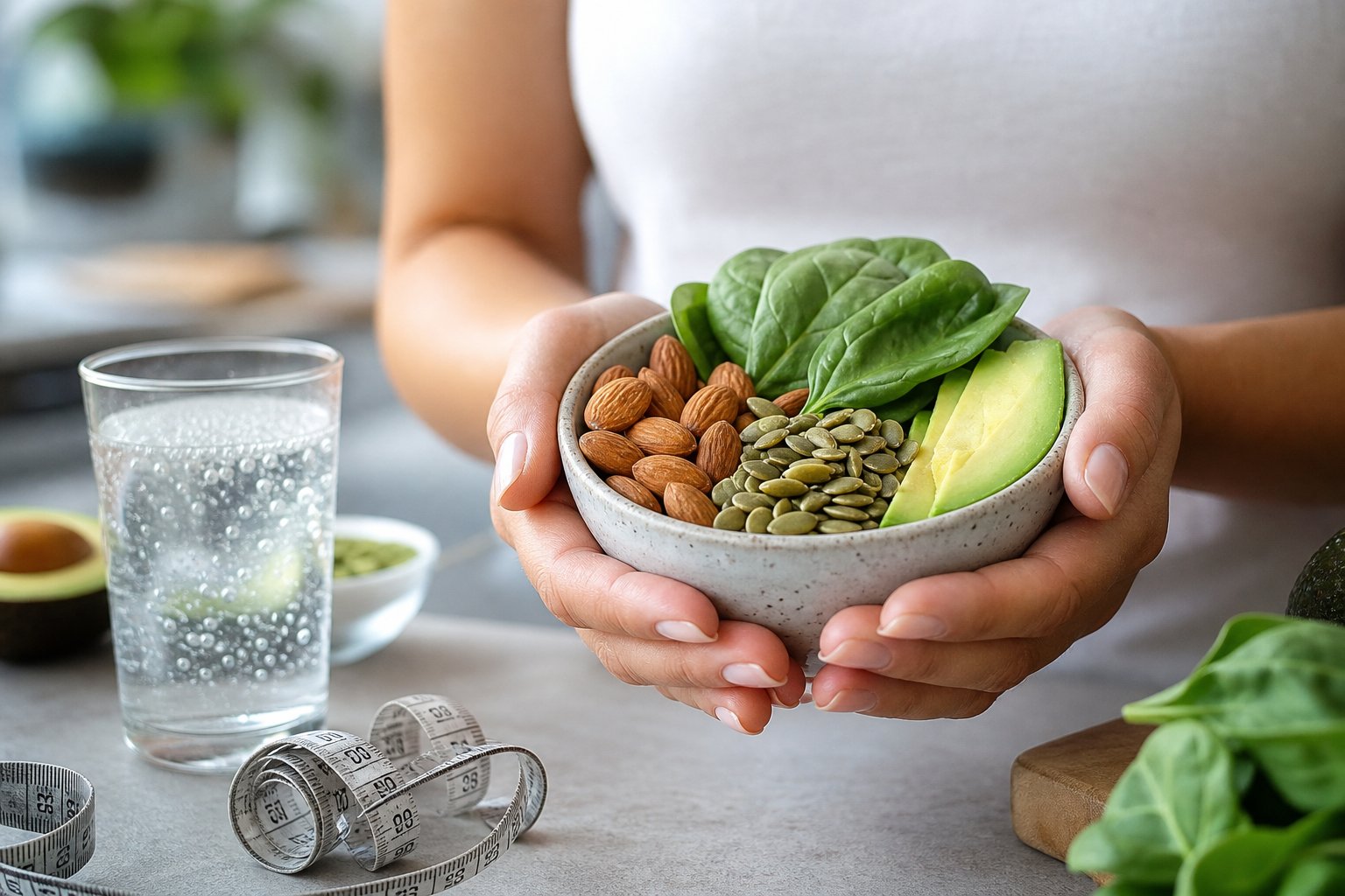 Close-up of a person holding a bowl with almonds, spinach, pumpkin seeds, and avocado in a kitchen setting.
