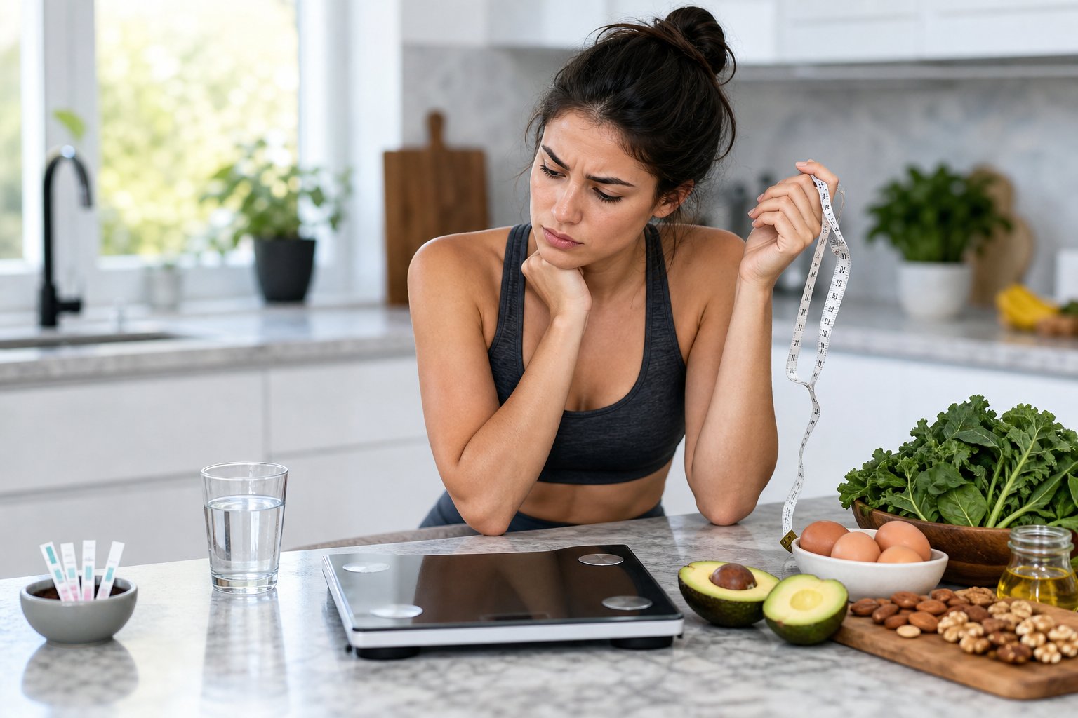 A young woman in athletic wear sitting at a kitchen counter looking thoughtfully about why am I in ketosis but not losing weight, with a digital scale and keto-friendly foods nearby.