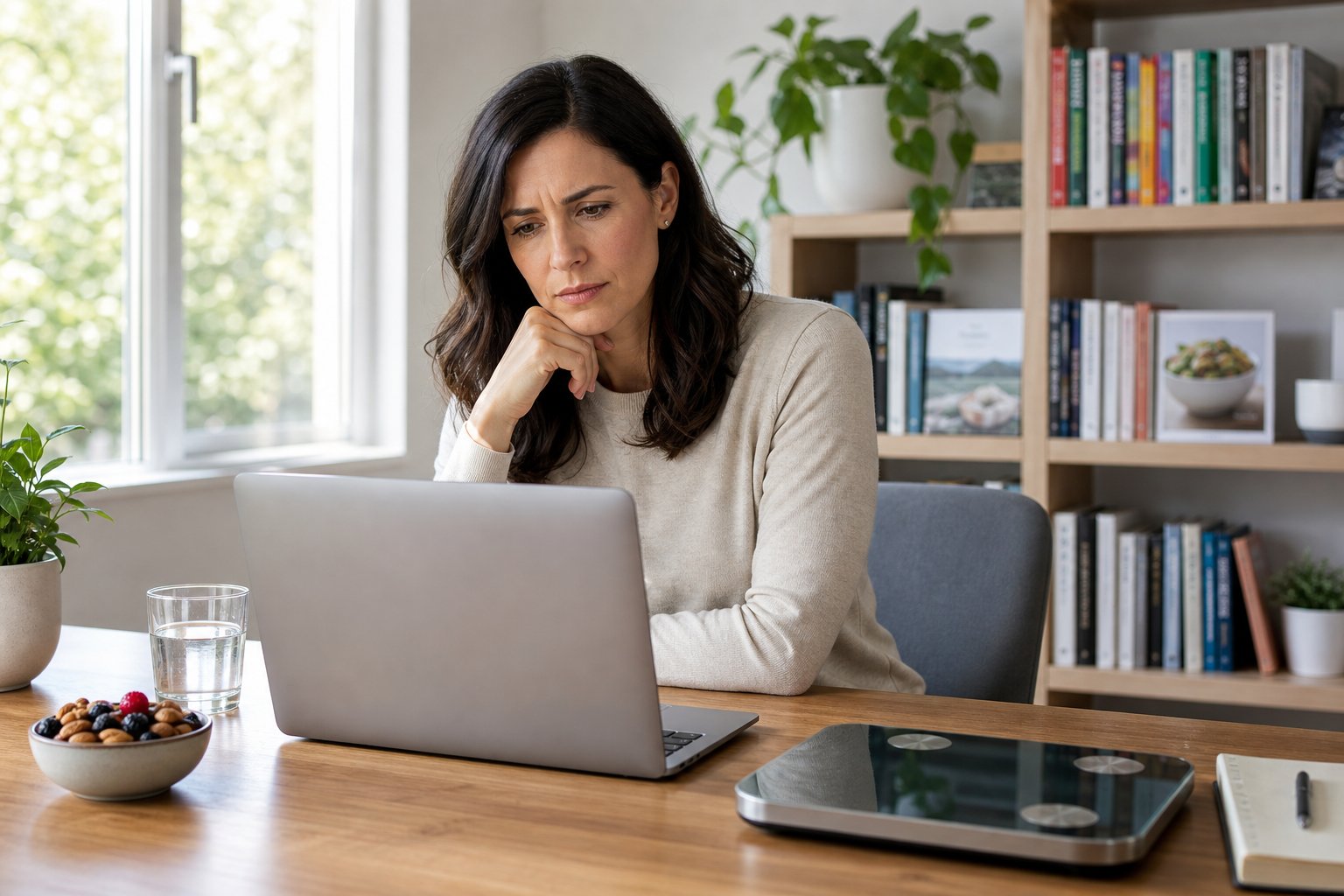 A woman sitting at a desk in a home office, looking thoughtfully at a laptop screen with a glass of water and healthy snacks nearby.