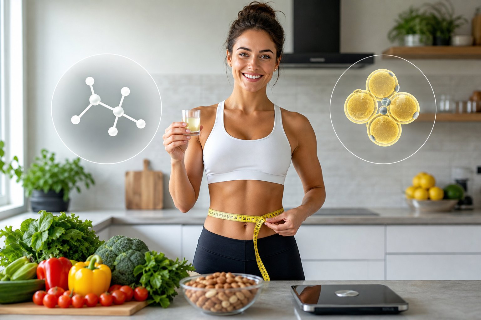 A person in a kitchen holding a glass of ketone supplement and a measuring tape around their waist with healthy food on the counter.