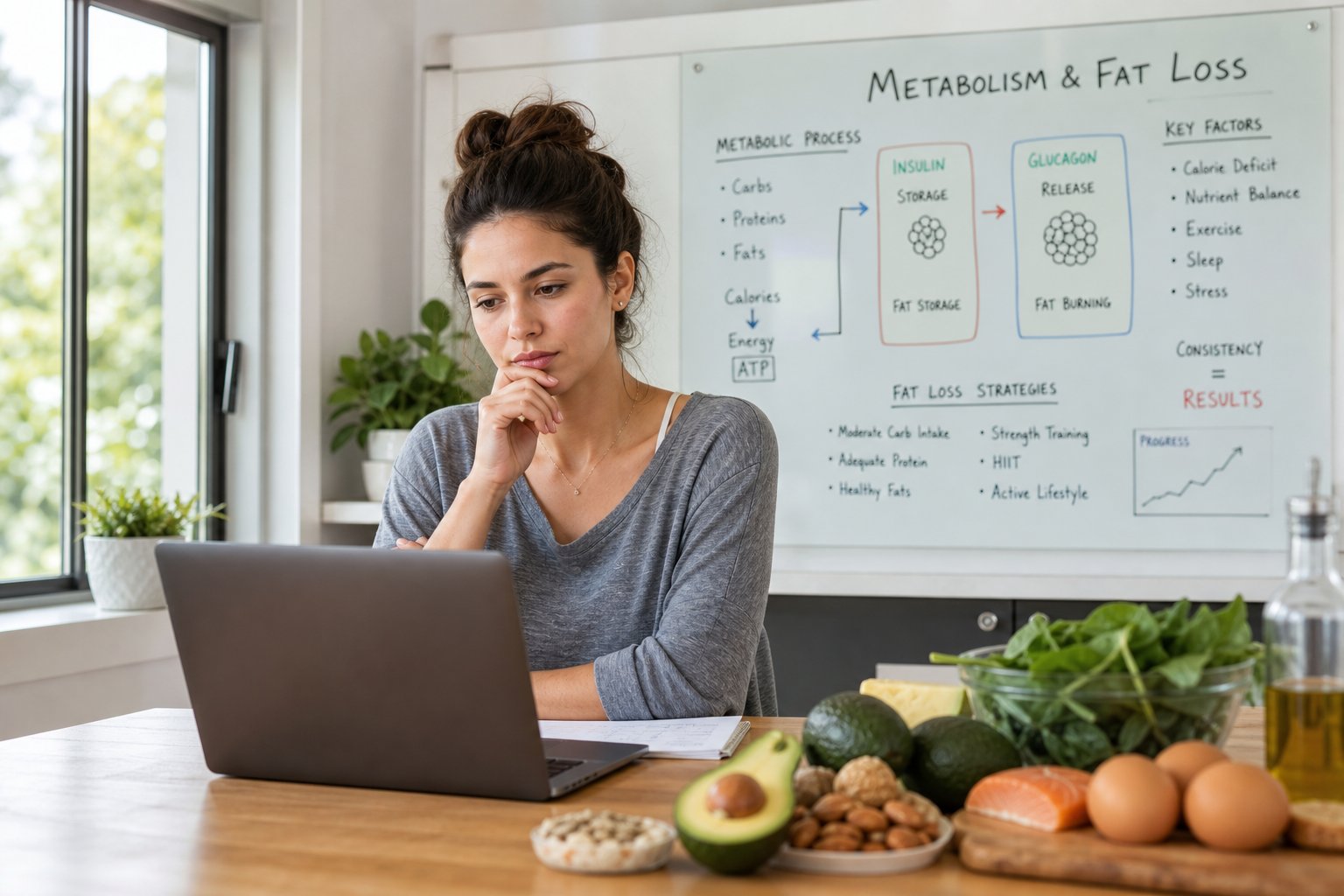 A young woman sitting at a kitchen table with a laptop and keto-friendly foods, looking thoughtful and focused.
