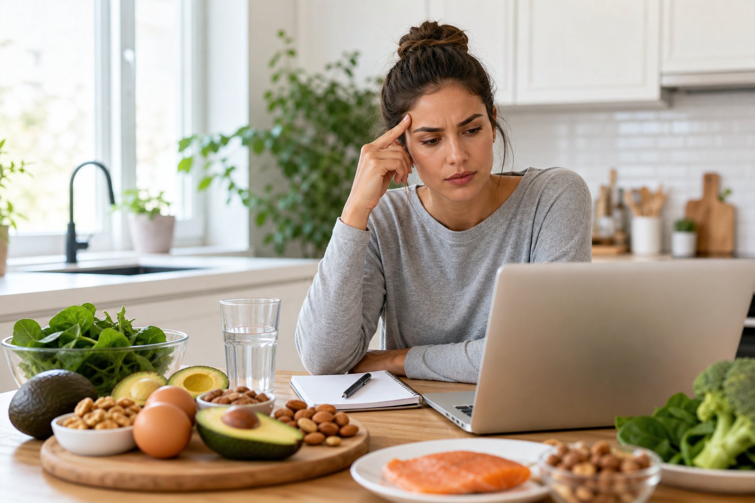 A young woman sitting at a kitchen table with keto foods, looking thoughtfully at a laptop.
