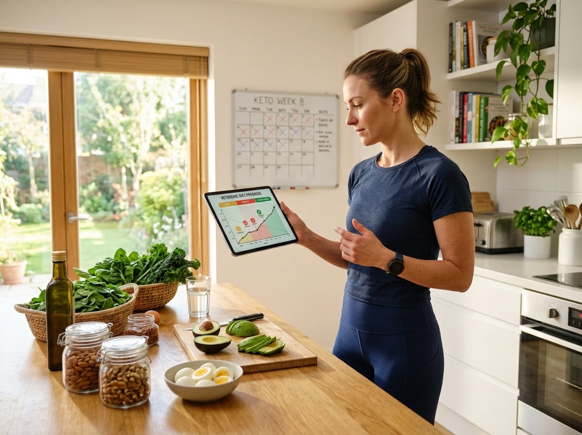 A person in a kitchen looking at a tablet with keto-friendly foods and a calendar in the background.