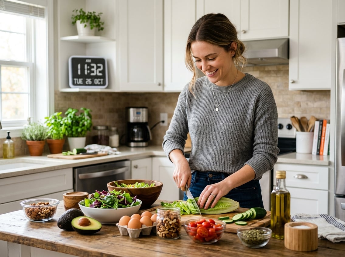 A young woman preparing a healthy ketogenic meal in a bright kitchen with fresh ingredients and a digital timer visible in the background.