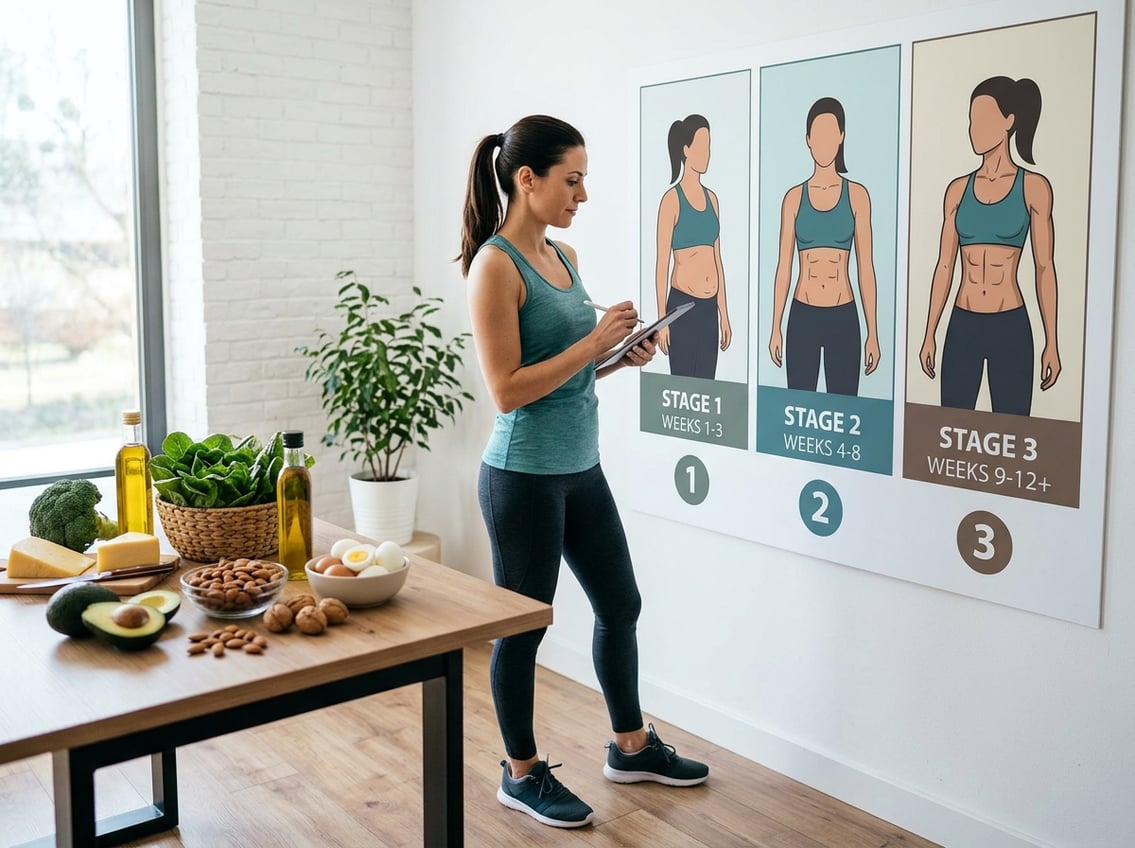 A person in casual fitness clothing studies a three-part progress chart while standing near a table with keto-friendly foods like avocados and eggs.